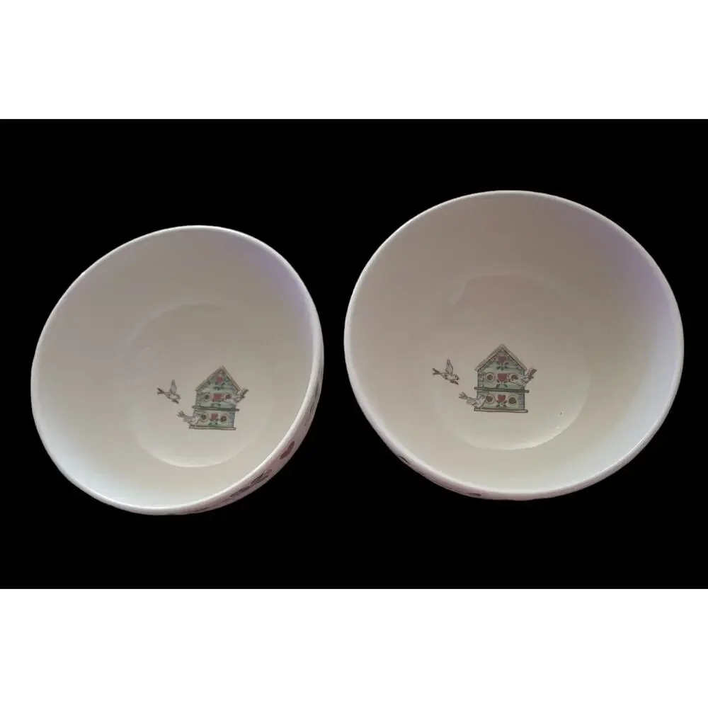 Vintage Thomson Pottery Bowls Birdhouse‎ Red Hearts Birds Set of 2